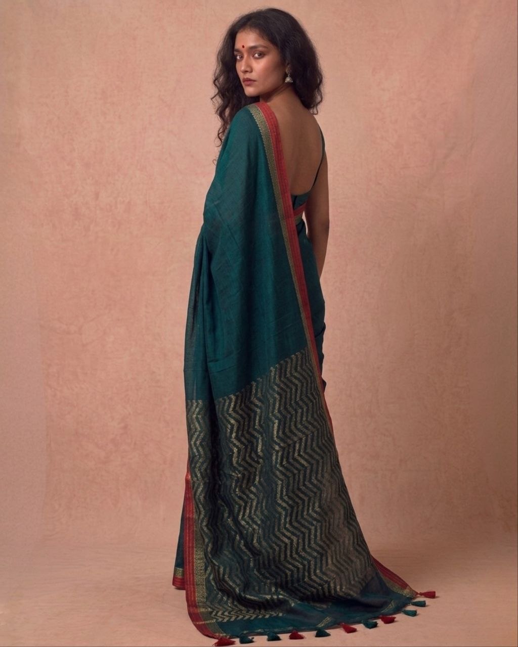 Teal green organic cotton linen saree