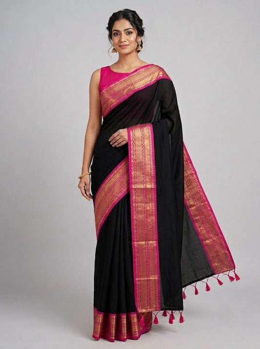 Classic black mulcotton saree with Contrast Pink and Gold Zari Border