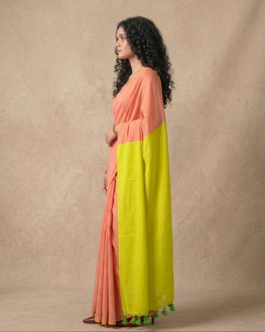 Khadi cotton solid body peach and lemon soft saree