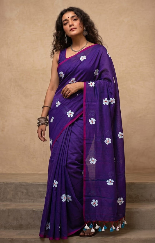 Deep purple shiuli mul cotton saree