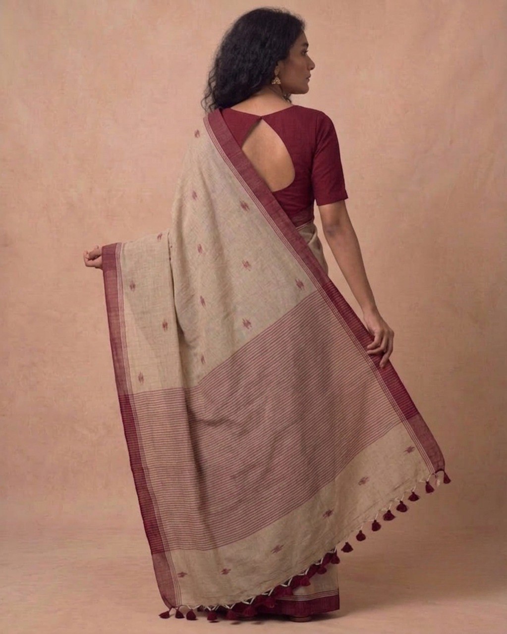 Mitti color handspun cotton saree with maroon bootis
