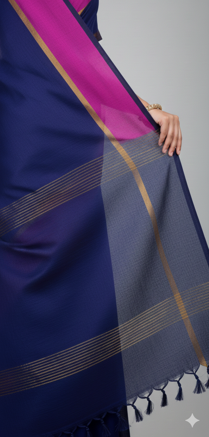Navy blue mulmul cotton saree