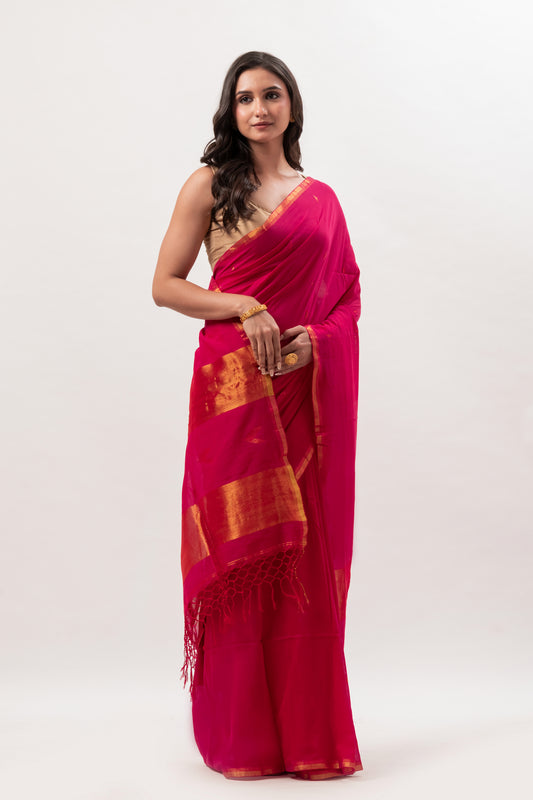 Rani Pink mul modal saree with Zari Pallu