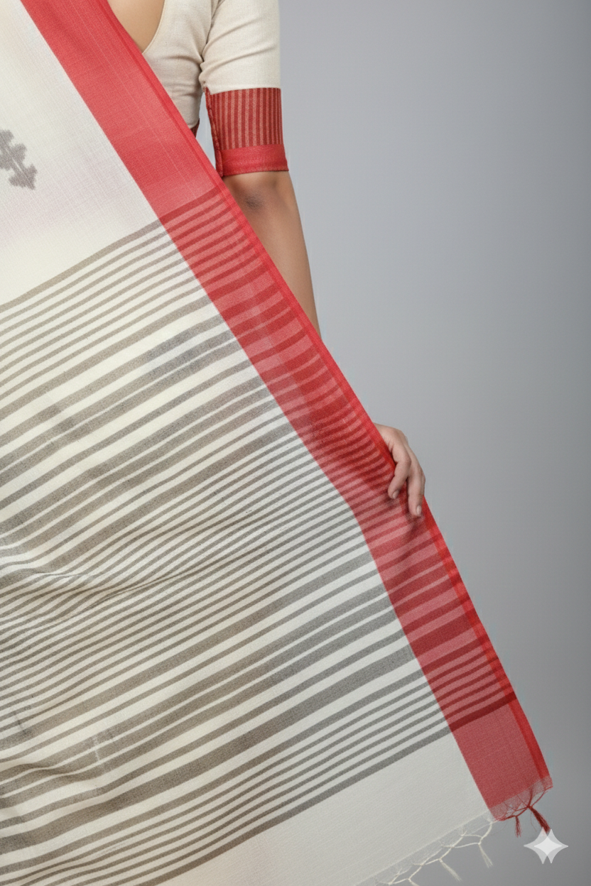 White and red border handloom cotton jamdani