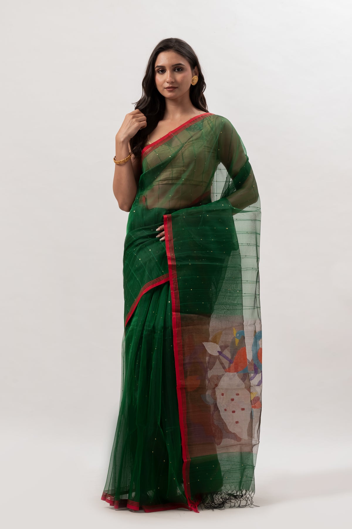 Deep Green Sheer Muslin Saree with Vibrant Paithani pallu motif