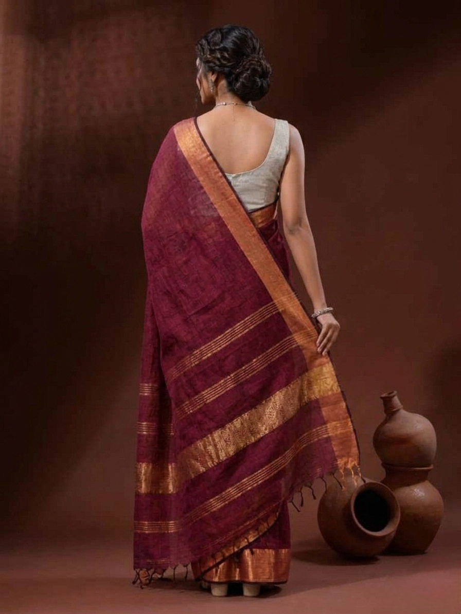 Maroon Linen Saree