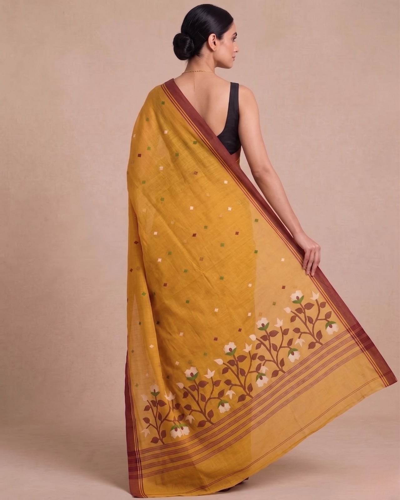 Mustard handloom cotton jamdani saree