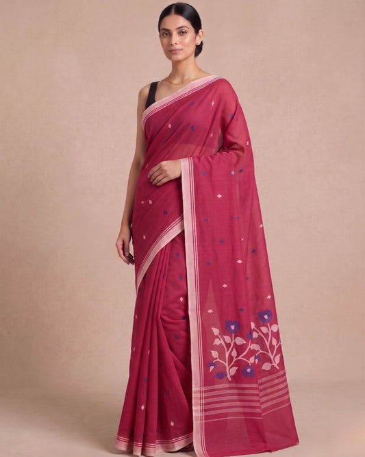 Red handloom cotton jamdani saree