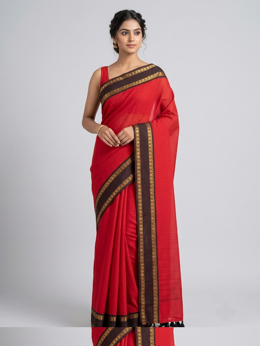 Classic red mul Cotton Saree with black zari Kanchi Border