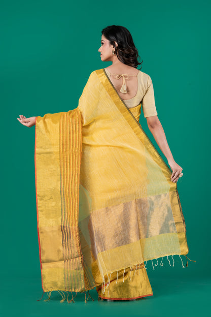 Bright yellow linen saree striped borders