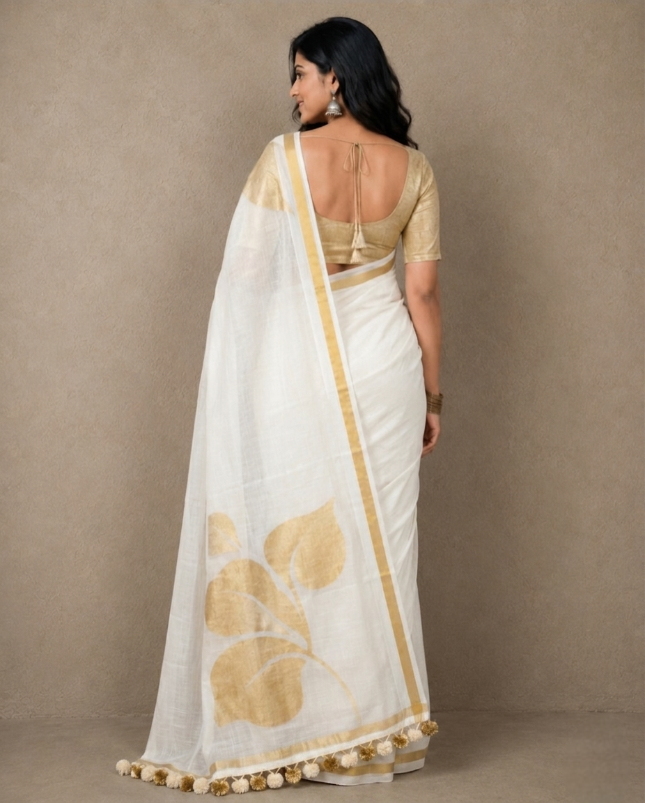 Golden flower white mulmul cotton saree