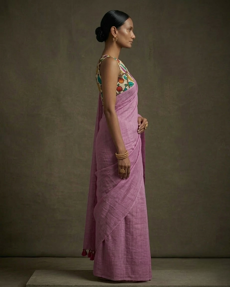 Onion pink  color mangalgiri cotton saree with hand-painted kalamkari bP .