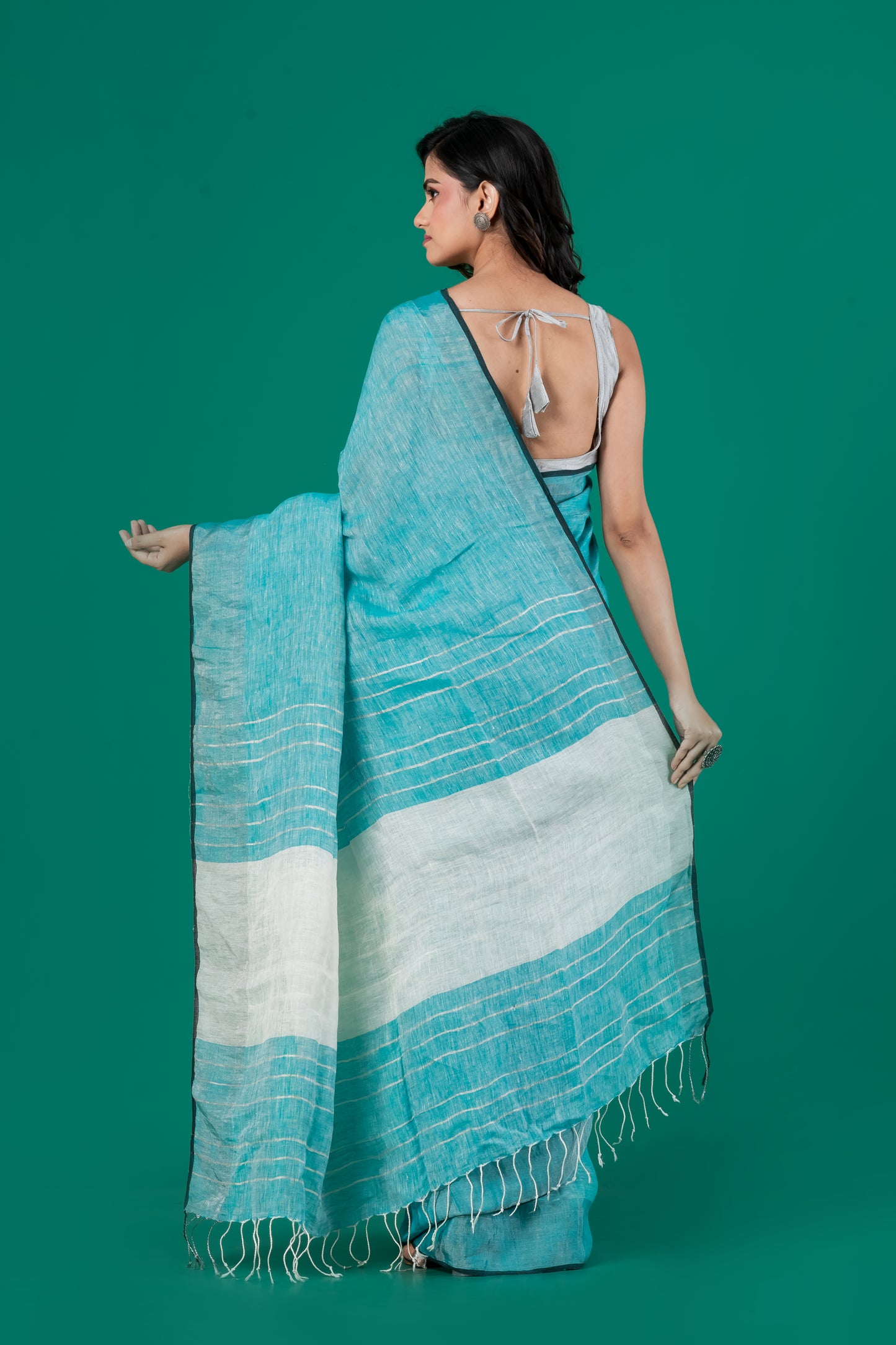 Turqoise blue pure linen saree