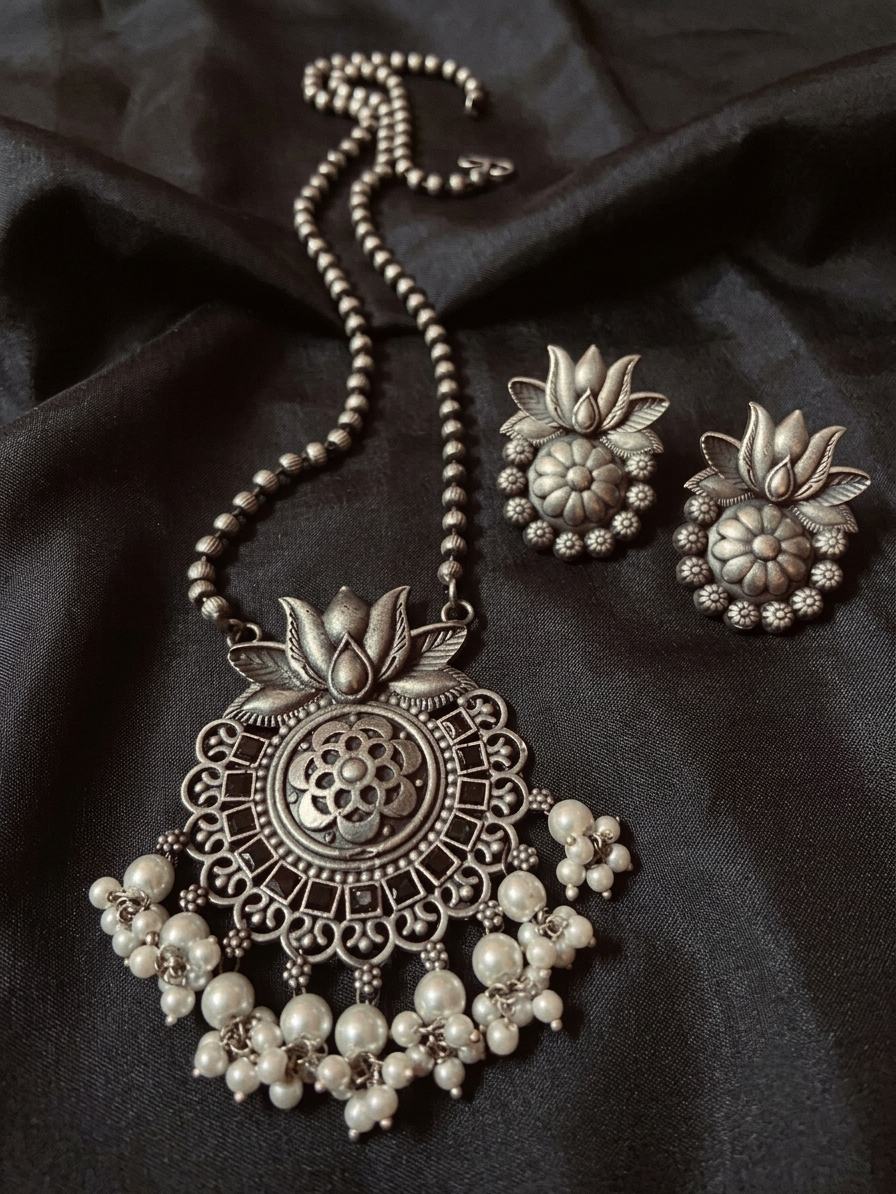 Antique Silver Lotus Pendant Set with Pearl Danglers