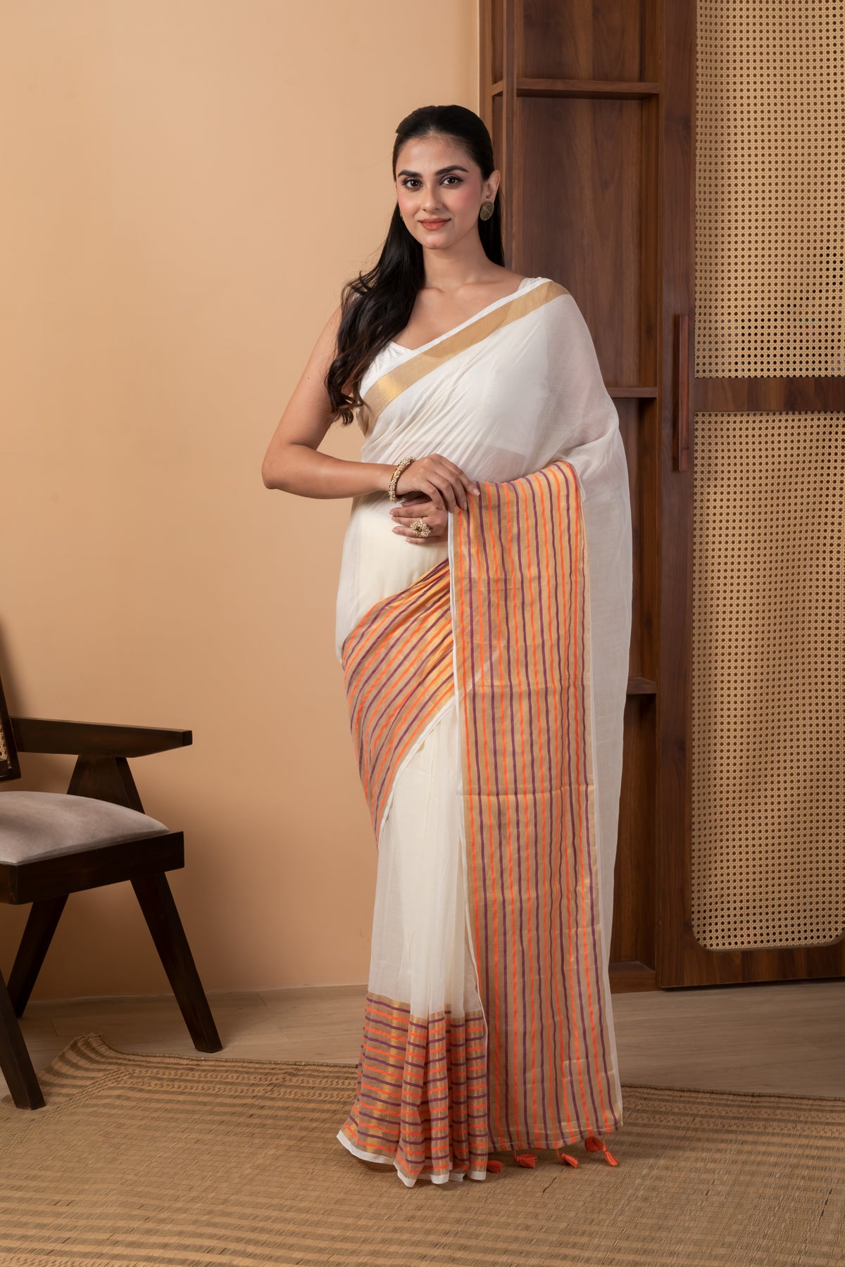 Ivory White Saree with Contrast Orange Golden striped Zari Border