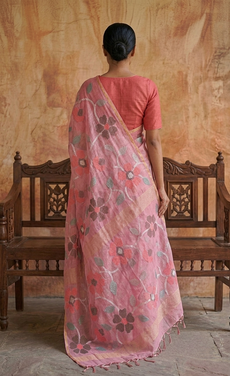 Baby pink all over jamdani woven  Resham Silk