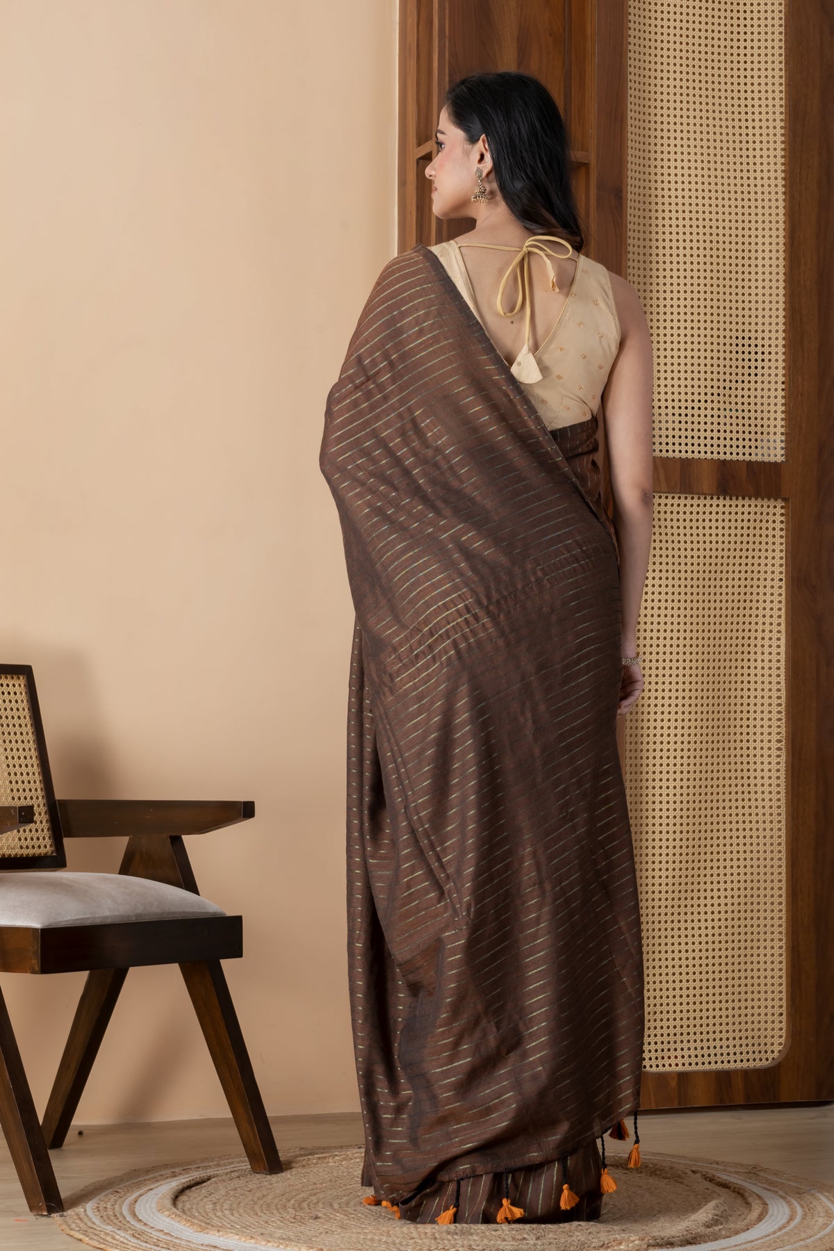 Brown striped handloom Saree