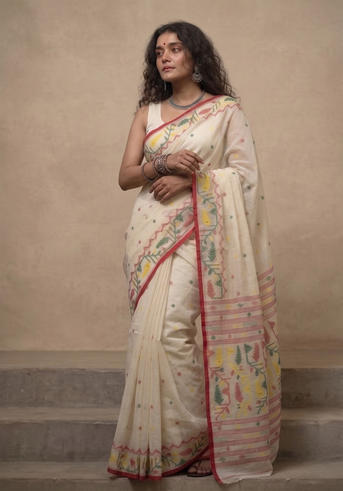 Offwhite handloom cotton jamdani saree