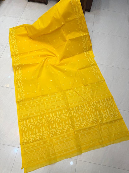 Bright yellow handloom cotton jamdani saree