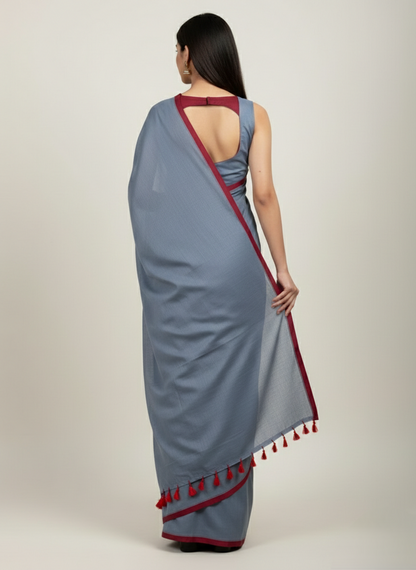 Dark grey mulmul cotton saree