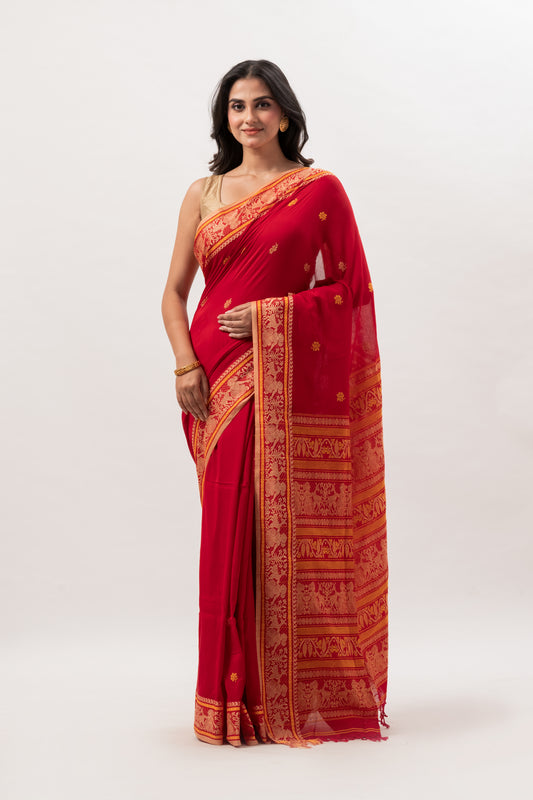 Authentic Bengal Crimson Red Cotton Baluchari Saree