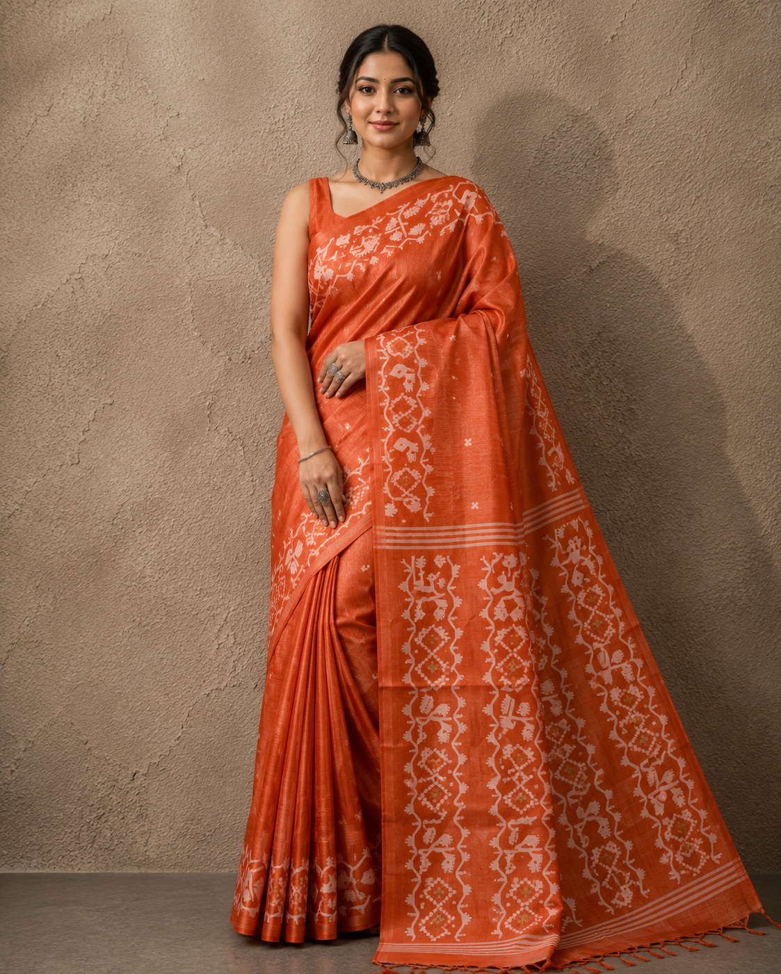 Burnt orange Tussar Jamdani saree