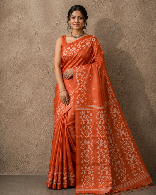 Burnt orange Tussar Jamdani saree