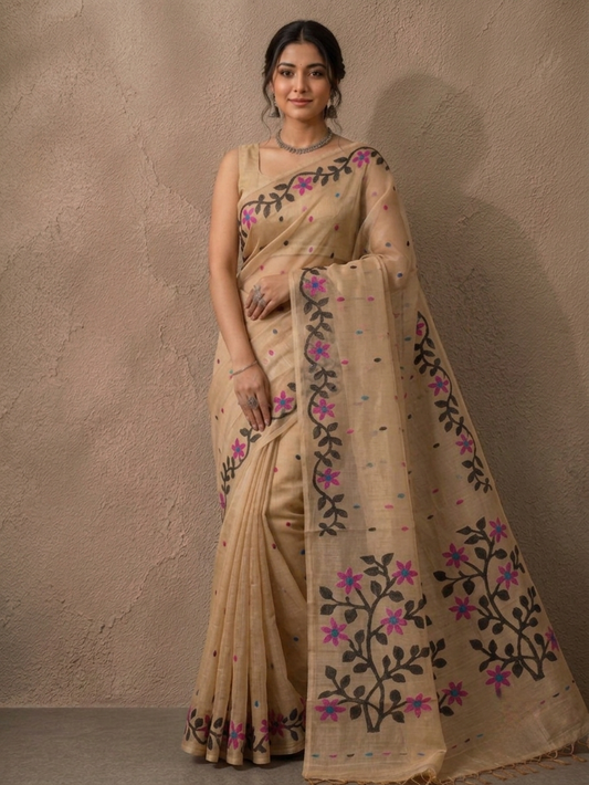 Beige jamdani resham silk saree