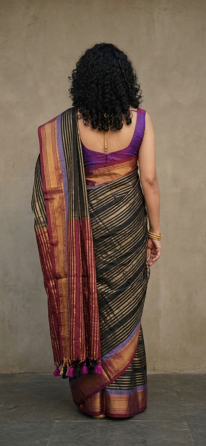Stunning Traditional Kanchi border Black Saree with Gold Zari Stripes
