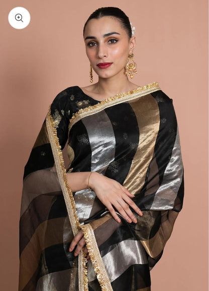 Kora tissue striped saree with brocade blouse piece