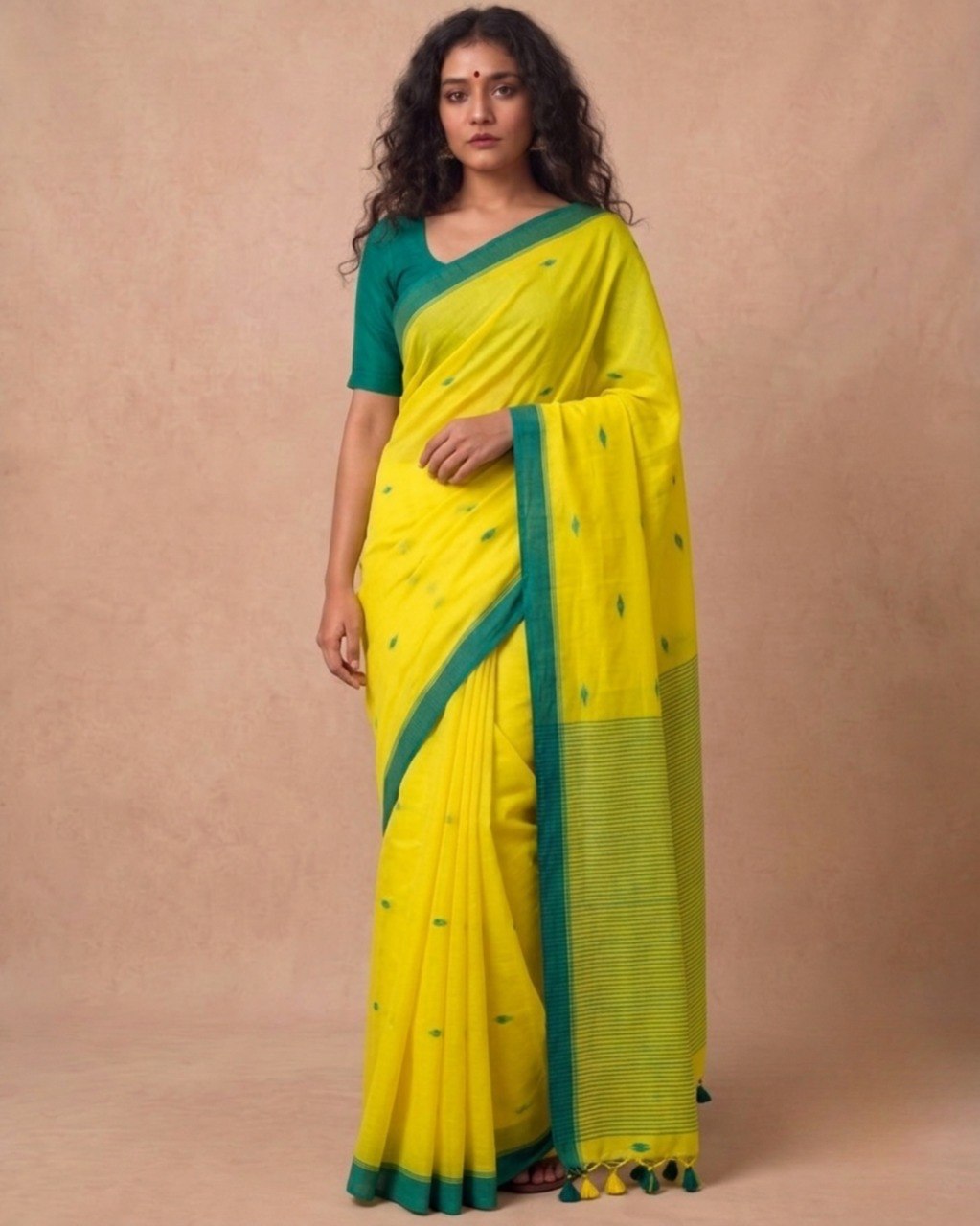 Turmeric yellow handspun cotton saree with green bootis