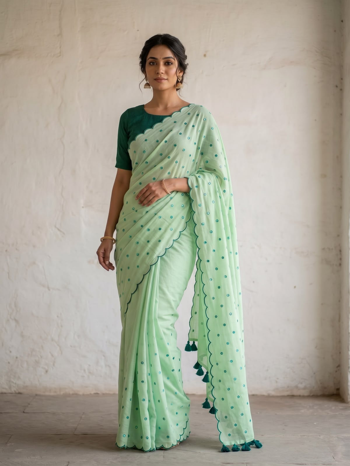 Mint green scallop Border Mirror Work Saree