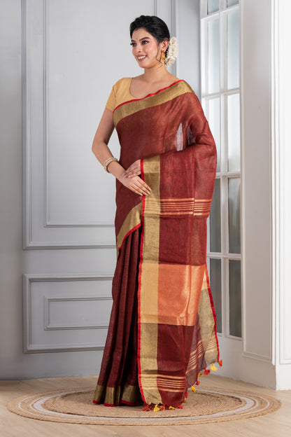 Solid maroon linen Saree