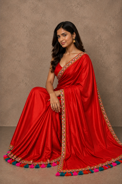 Zari border tomato red tissue Cotton saree