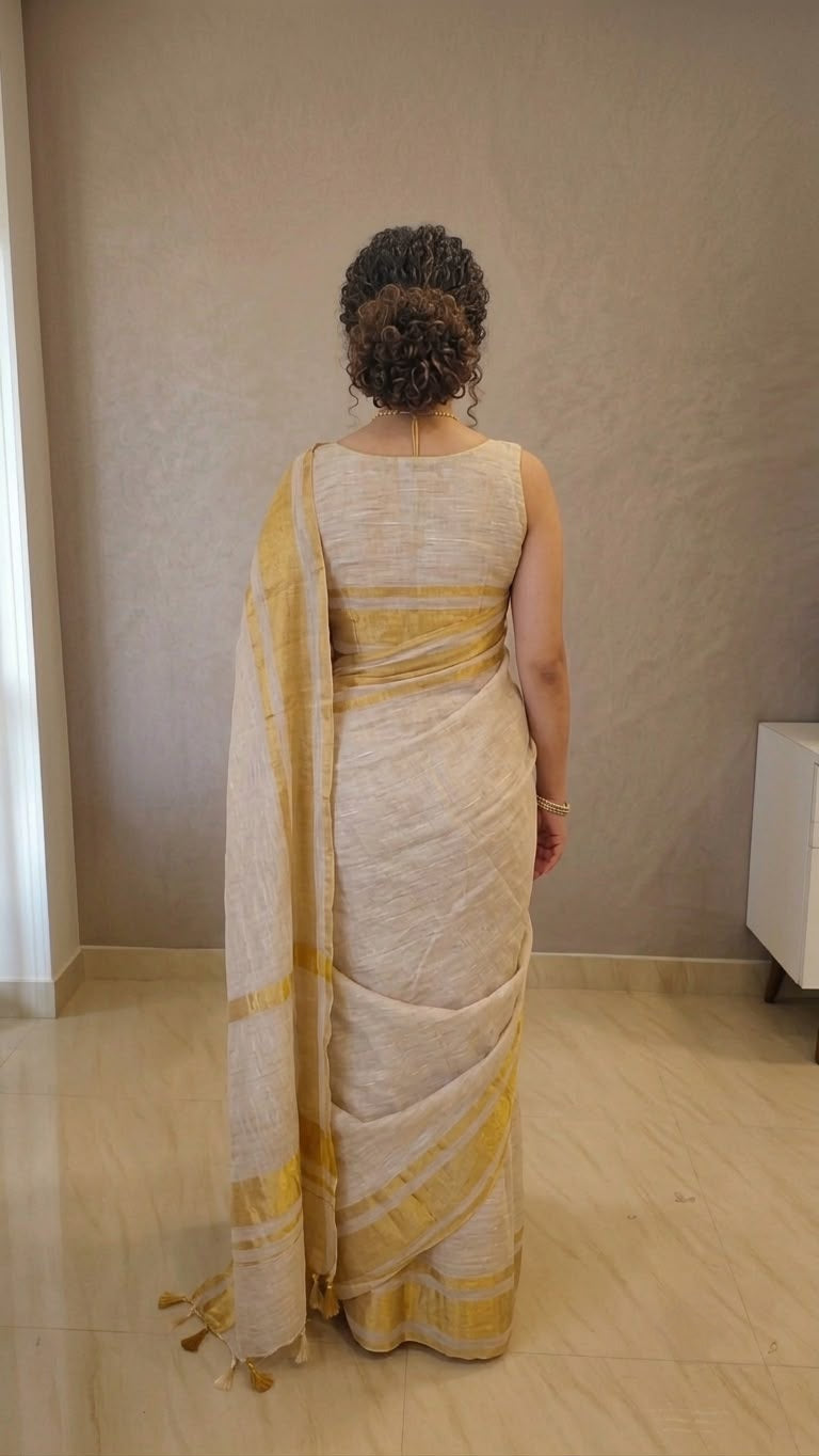 Golden zari border pure linen saree