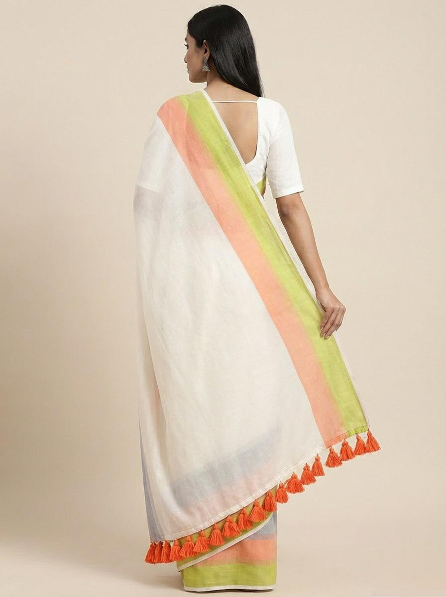 White mulmul cotton saree