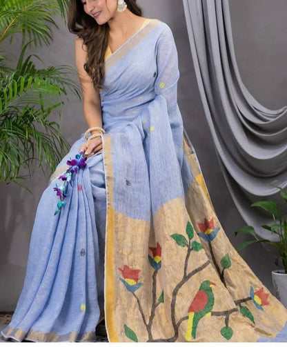 Powder blue linen Silk Jamdani