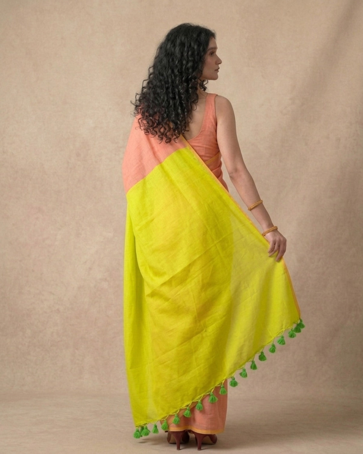 Khadi cotton solid body peach and lemon soft saree