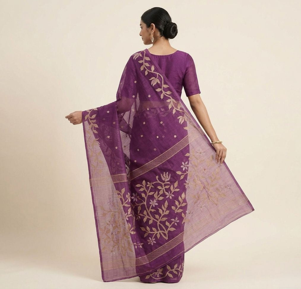 Deep purple handmade jamdani pure Resham Silk