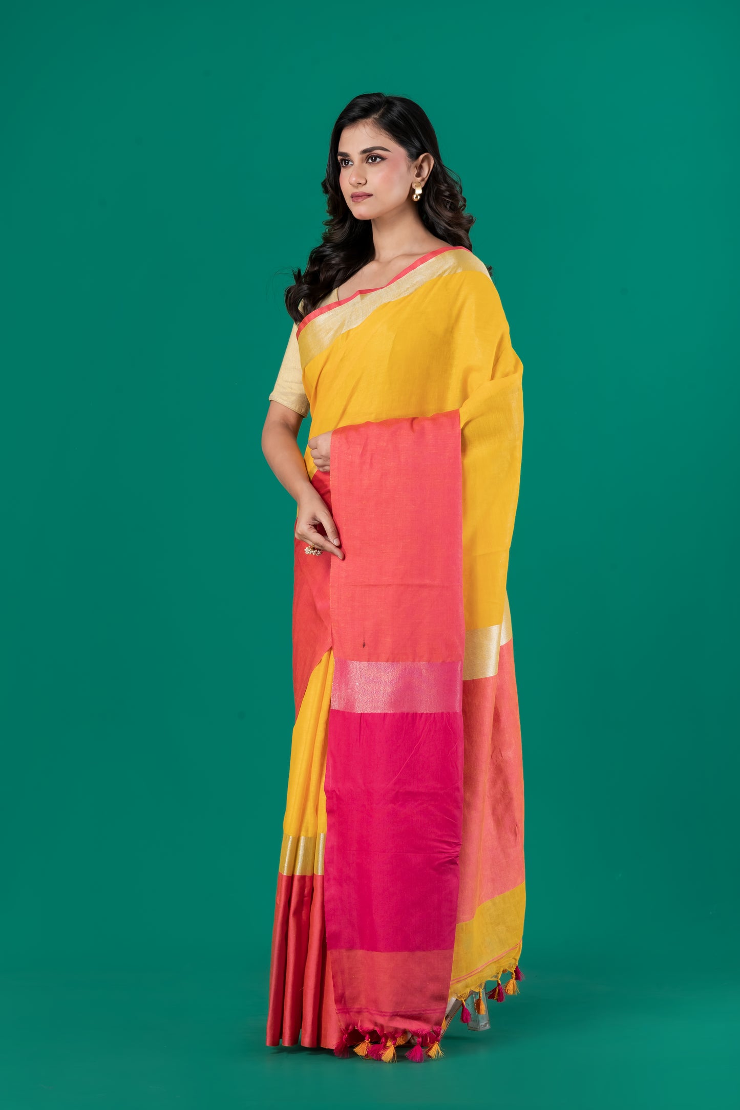 Yellow & dark pink pure linen saree