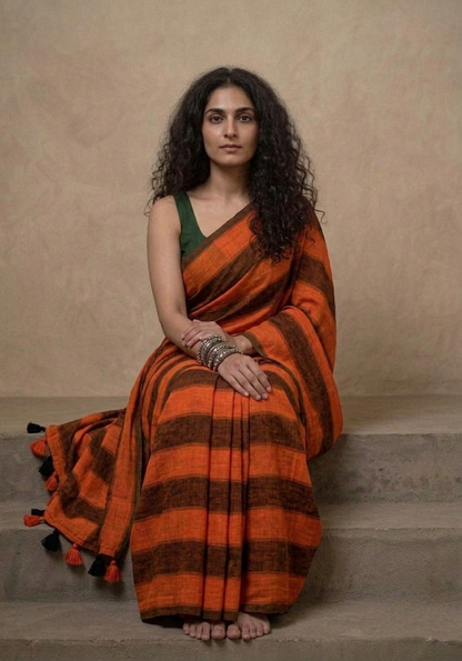 Orange n black striped mulmul cotton saree
