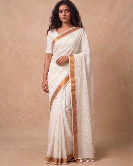 Off white mulmul cotton saree with mini sequins
