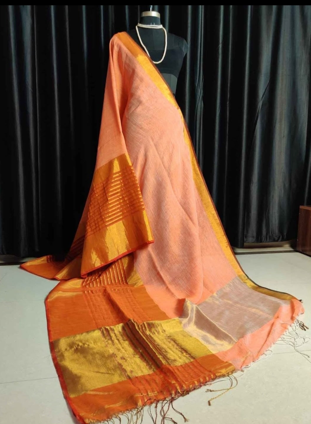 Peach broad zari border Linen Saree