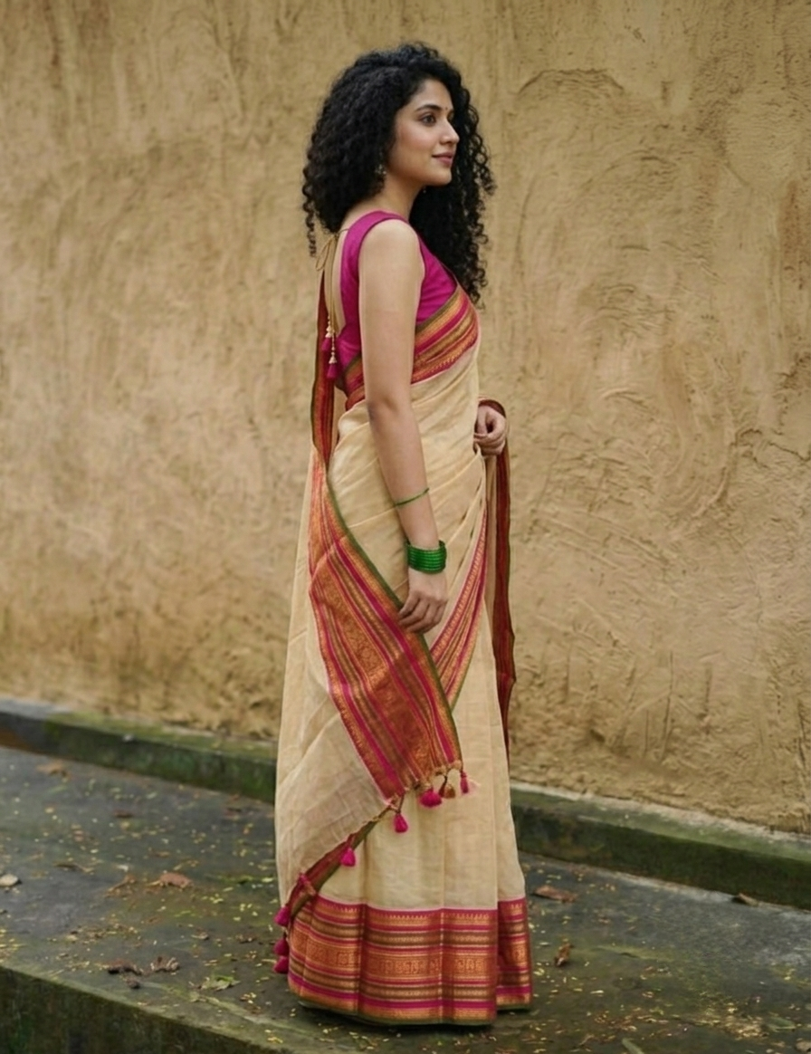 Off white pink zari border mulmul cotton saree