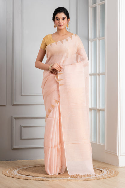 Light pink Temple Silk Linen Saree