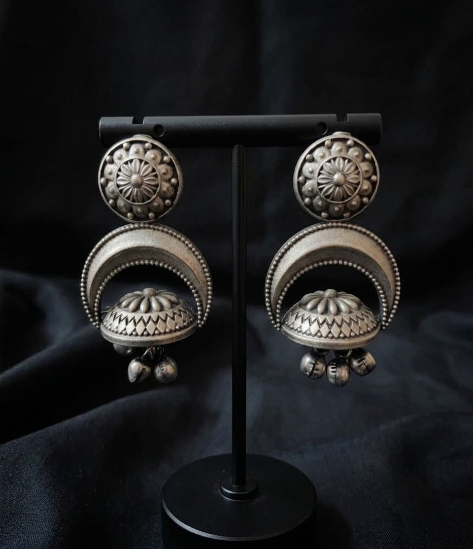 Handcrafted silver polish crescent dome jhumki earrings