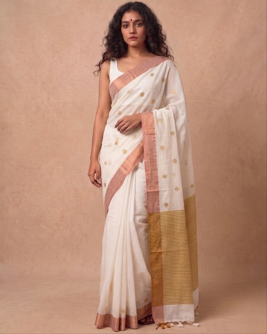 Off white mulmul cotton saree with gold dots