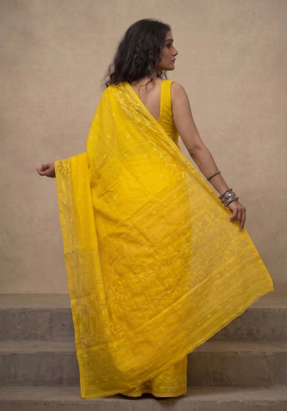 Bright yellow handloom cotton jamdani saree