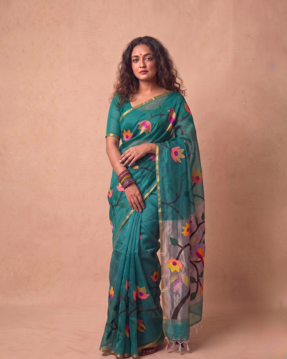 Pure Resham Handwoven needle jamdani Saree in rama green