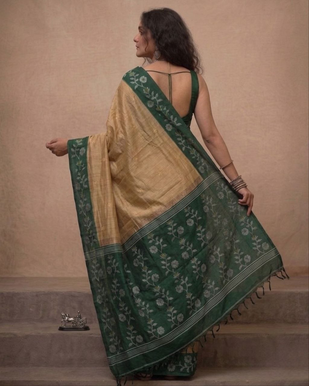Beige and green tussar Jamdani saree